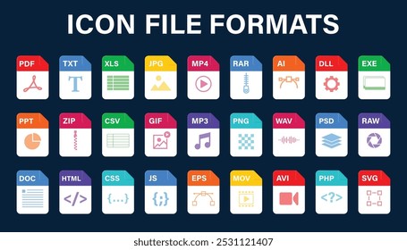 File type icon set. Popular files format and document. Format and extension of documents. Set of graphic templates audio, video, image, system, archive, code and document file. Vector illustration.