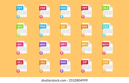 File Type icon set . Popular files format and document. Format and extension of documents.	