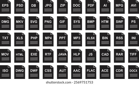 File type icon set. Popular files format and document. Format and extension of document. Variety of file formats like audio, video, image, system, archive, code and document file. Vector illustration.