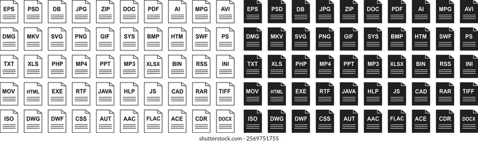 File type icon set. Popular files format and document. Format and extension of document. Variety of file formats like audio, video, image, system, archive, code and document file. Vector illustration.