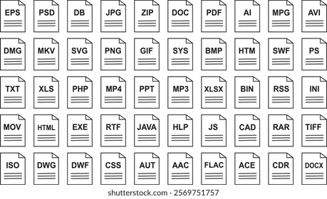 File type icon set. Popular files format and document. Format and extension of document. Variety of file formats like audio, video, image, system, archive, code and document file. Vector illustration.