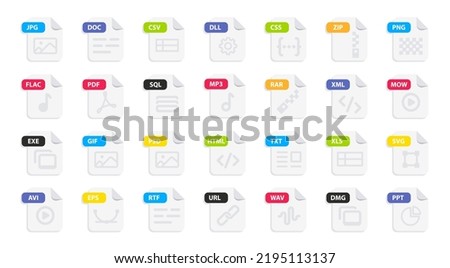 File type icon set. Popular files format and document in flat style design. Format and extension of documents. Set of graphic templates audio, video, image, system, archive, code and document file