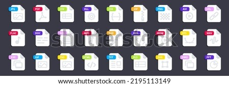 File type icon set. Popular files format and document in flat style design. Format and extension of documents. Set of graphic templates audio, video, image, system, archive, code and document file Foto stock © 