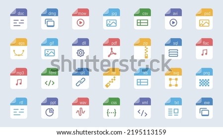 File type icon set. Popular files format and document in flat style design. Format and extension of documents. Set of graphic templates audio, video, image, system, archive, code and document file