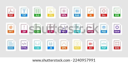 File Type icon set. Popular files format and document. Format and extension of documents. Set of graphic templates audio, video, image, system, archive, code and document file. Vector illustration.