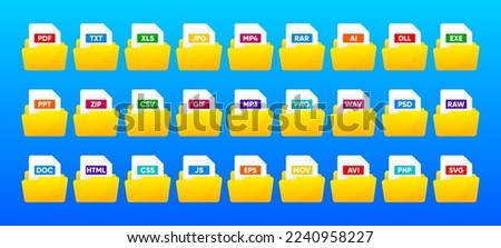 File Type icon set. Popular files format and document. Format and extension of documents. Set of graphic templates audio, video, image, system, archive, code and document file. Vector illustration.