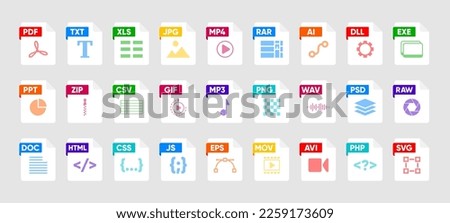 File Type icon set. Popular files format and document. Format and extension of documents. Set of graphic templates audio, video, image, system, archive, code and document file. Vector illustration.