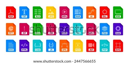 File Type icon set. Popular files format and document. Format and extension of documents. Set of graphic templates audio, video, image, system, archive, code and document file. Vector illustration.