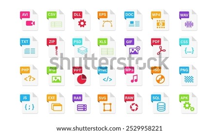 File Type icon set. Popular files format and document. Format and extension of documents.	