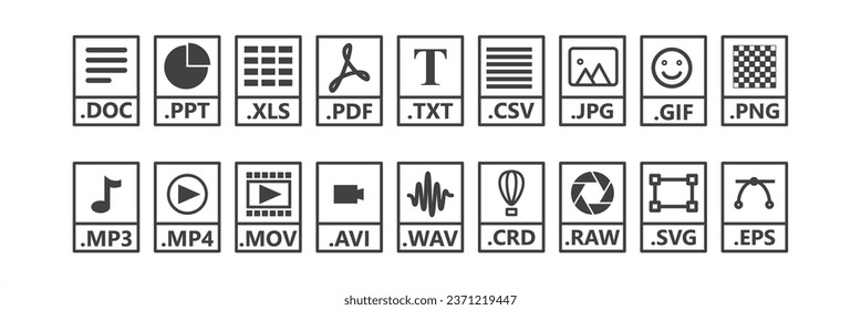 File type icon set. Simple set of Image File Formats icon set, Popular files format and document in flat style design. Format and extension of documents. Set of graphic templates audio, video, image.