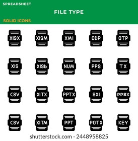 conjunto de hojas de cálculo de iconos de tipo de archivo. con diseño sólido, los archivos dan formato a la colección del documento