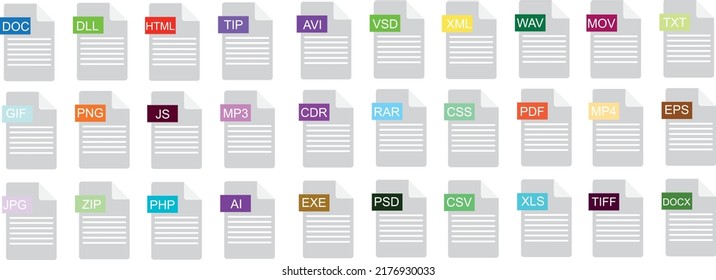 File type icons. Big set of pdf, doc, excel, png, jpg, psd, gif, csv, xls, ppt, html, txt. Collection colored icons for download on computer. Graphic templates for ui. Document types in flat style