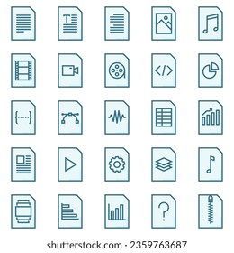 Iconos de tipo de archivo, en un estilo de esquema coloreado, para diversos usos de oficina e interfaces de usuario, incluidos documentos, pdf, archivos de vídeo, archivos de audio, música, texto, txt, jpg y hoja de cálculo.