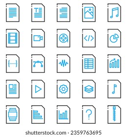 Iconos de tipo de archivo, en estilo de línea de tono dual, para diversos usos de oficina e interfaces de usuario, incluidos documentos, pdf, archivos de vídeo, archivos de audio, música, texto, txt, jpg y hoja de cálculo.