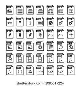 File type icons. Files format icon set in black and white, software symbols buttons