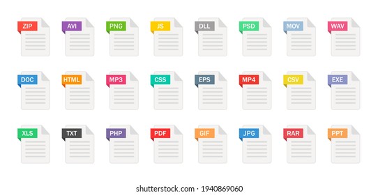 File Type Icons. Format And Extension Of Documents. Set Of Pdf, Doc, Excel, Png, Jpg, Psd, Gif, Csv, Xls, Ppt, Html, Txt And Others. Icons For Download On Computer. Graphic Templates For Ui. Vector.