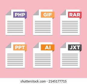 File type icons. Format and extension of documents. Set of pdf, doc, excel, png, jpg, psd, gif, csv, xls, ppt, html, txt and others. Icons for download on computer. Graphic templates for ui