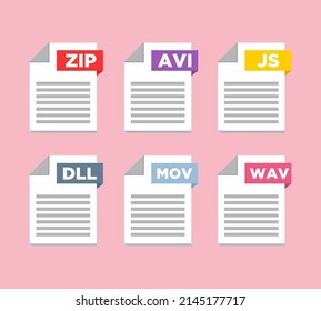 File type icons. Format and extension of documents. Set of pdf, doc, excel, png, jpg, psd, gif, csv, xls, ppt, html, txt and others. Icons for download on computer. Graphic templates for ui