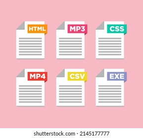 File type icons. Format and extension of documents. Set of pdf, doc, excel, png, jpg, psd, gif, csv, xls, ppt, html, txt and others. Icons for download on computer. Graphic templates for ui