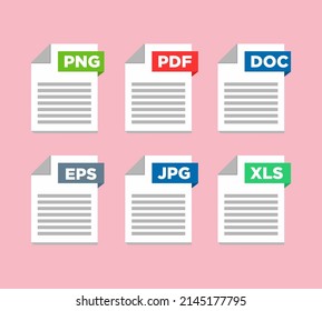 File type icons. Format and extension of documents. Set of pdf, doc, excel, png, jpg, psd, gif, csv, xls, ppt, html, txt and others. Icons for download on computer. Graphic templates for ui