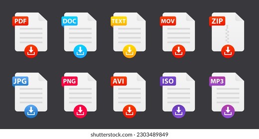 File type icons. Format and extension of documents. Set of pdf, doc, excel, png, jpg, psd, gif, csv, xls, ppt, html, txt and others. Icons for download on computer. Vector illustration