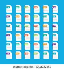 File type icons. Format and extension of documents. Set of png, pdf, doc, excel, png, jpg, psd, gif, csv, xls, ppt, html, txt, gif and others.Graphic templates for ui. Vector.