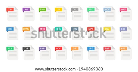 File type icons. Format and extension of documents. Set of pdf, doc, excel, png, jpg, psd, gif, csv, xls, ppt, html, txt and others. Icons for download on computer. Graphic templates for ui. Vector.