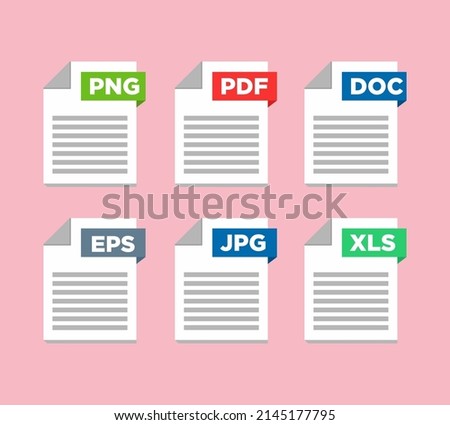 File type icons. Format and extension of documents. Set of pdf, doc, excel, png, jpg, psd, gif, csv, xls, ppt, html, txt and others. Icons for download on computer. Graphic templates for ui