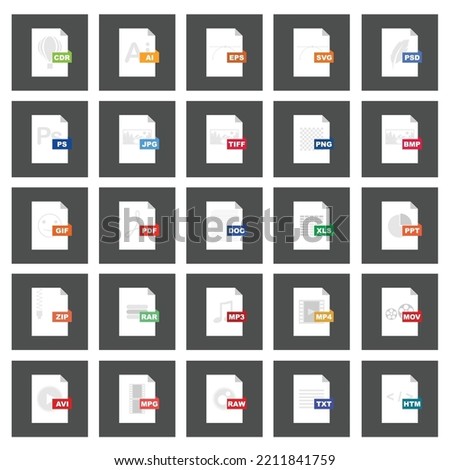 File type icons. Format and extension of documents. Set of pdf, doc, excel, png, jpg, psd, gif, csv, xls, ppt, html, txt and others. Icons for download on computer. Graphic templates for ui. Vector.
