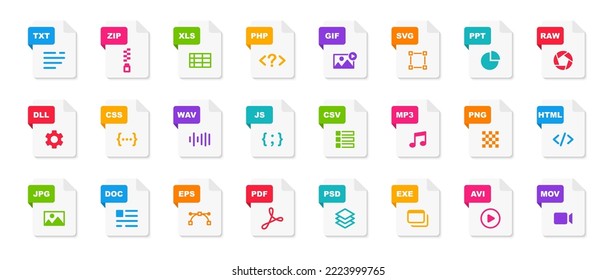 File type icons. File formats in flat design. File and documents extensions. Icons for ui. Vector illustration.