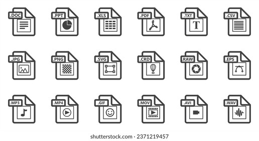 File type icons. File formats in flat design. File and documents extensions. Icons for ui. Vector illustration. 