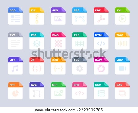 File type icons. File formats in flat design. File and documents extensions. Icons for ui. Vector illustration.