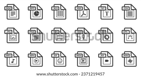 File type icons. File formats in flat design. File and documents extensions. Icons for ui. Vector illustration. 