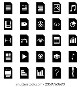 Iconos de tipo de archivo, en estilo glifo, para una variedad de usos de oficina e interfaces de usuario, incluidos documentos, pdf, archivos de vídeo, archivos de audio, música, texto, txt, jpg y hoja de cálculo.