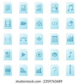Iconos de tipo de archivo, en color degradado, para una variedad de usos de oficina e interfaces de usuario, incluidos documentos, pdf, archivos de vídeo, archivos de audio, música, texto, txt, jpg y hoja de cálculo.