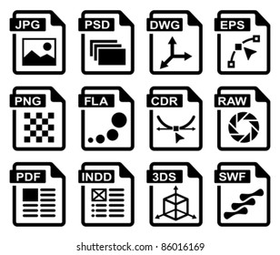 File type icons: graphic design set. All white areas are cut away from icons and black areas merged.