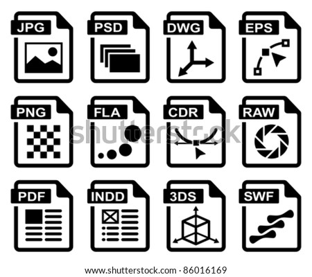 File type icons: graphic design set. All white areas are cut away from icons and black areas merged.