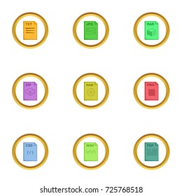 File type icons set. Cartoon style set of 9 file type vector icons for web design