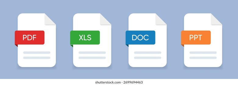 Ícones de tipo de arquivo definidos. Ícone do arquivo de documento. Formato dos documentos. Conjunto de ícones pdf, doc, xls, ppt para UI UX, site, aplicativo móvel. Botão Baixar arquivo pdf
