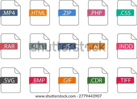 File Type Icons Set. Document types in flat style, pdf, doc, jpg, xls, zip. Vector illustration.