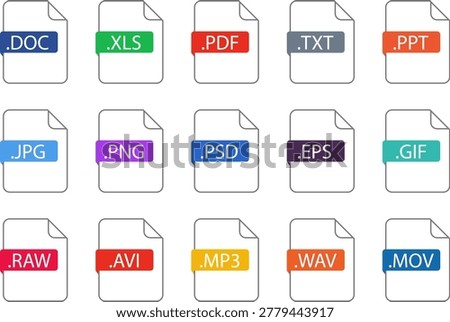 File Type Icons Set. Document types in flat style, pdf, doc, jpg, xls, zip. Vector illustration.