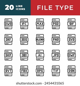 Conjunto de iconos de tipo de archivo. Diseño gráfico de datos de extensión de formato de archivo. colección de icono de esquema de documento. Ilustración vectorial.