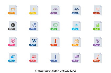 File Type Icons Set. Format and Extension of Documents. Set of eps, css, php, html, js, mov, ppt, jpg, wav, xls, avi, doc, txt, eml, dll, psd, pdf, zip, png. File Format Icon. Vector illustration.