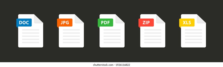 File type icons. Set of pdf, doc, jpg, xls, zip. Collection colored icons for download on computer. Graphic templates for ui. Document types in flat style. Vector illustration. EPS 10