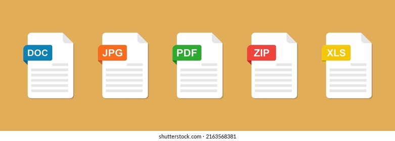 Conjunto de iconos de tipo de archivo. Juego de pdf, doc, jpg, xls, zip. Plantillas gráficas para ui. Tipos de documento de estilo plano. Ilustración vectorial.