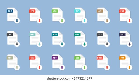 File type icons. Set of pdf, doc, jpg, zip. Collection colored icons for download on computer. Graphic templates for ui. Document types in flat style. Vector illustration. EPS 10