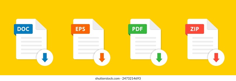 File type icons. Set of pdf, doc, jpg, zip. Collection colored icons for download on computer. Graphic templates for ui. Document types in flat style. Vector illustration. EPS 10