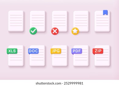 Iconos de tipo de archivo. Conjunto de pdf, doc, jpg, xls, zip. Colección de iconos de colores para la Descarga en el ordenador. Conjunto de iconos de negocios 3D. Ilustración vectorial.