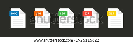 File type icons. Set of pdf, doc, jpg, xls, zip. Collection colored icons for download on computer. Graphic templates for ui. Document types in flat style. Vector illustration. EPS 10