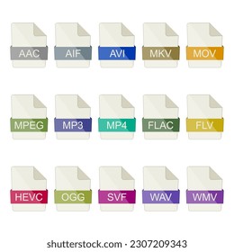 File type icons. Set of video and audio icons on a white background. 